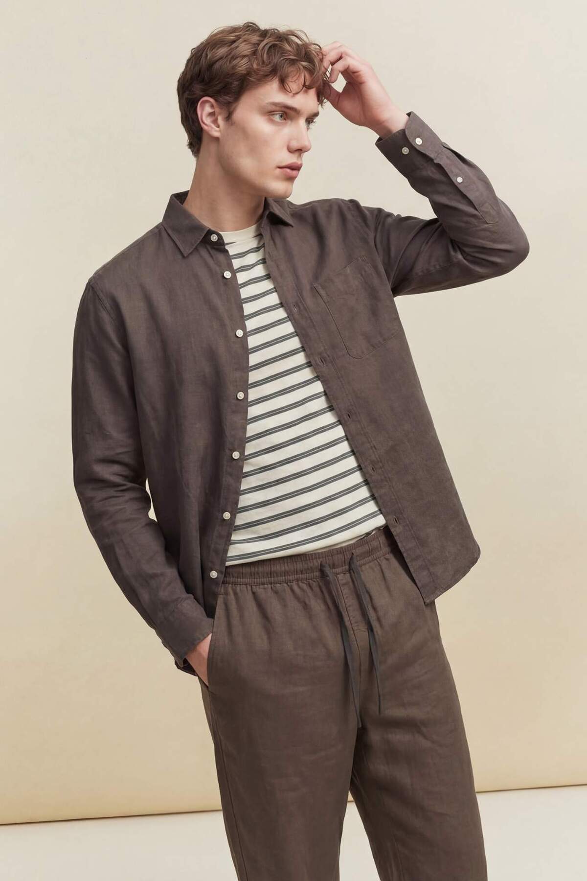 %100 Keten Regular Fit Gömlek G0788AX26SM — قهوه‌ای — تصویر 3 از 7