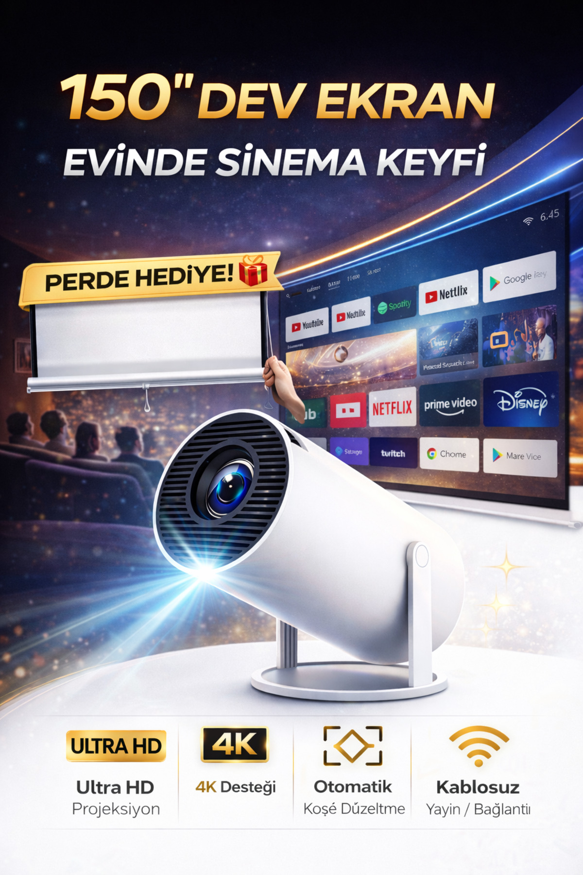 Portable Android Projection Curtain Gift Wifi Supported Smart Cinema Projector Ultra Hd