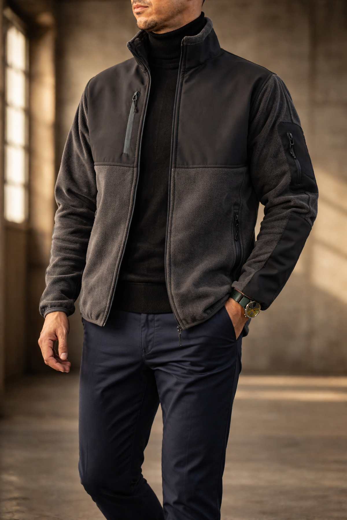 Souris Erkek Füme Dar Kalıp Anti-pilling Tüylenme Yapmayan Tam Fermuar Softshell Garnili Polar Sweatshirt
