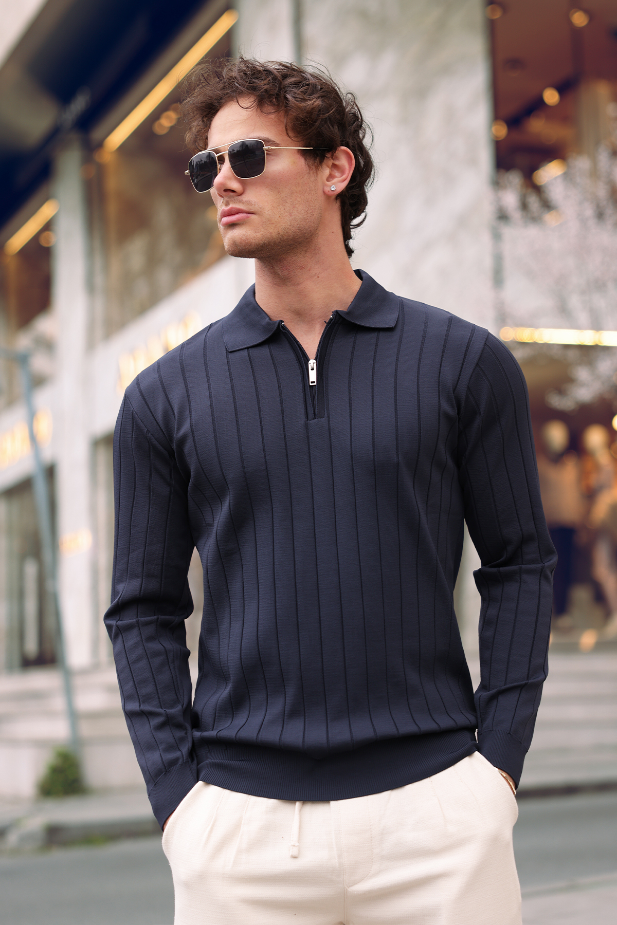 aziso  Lacivert Erkek Polo Yaka Yarım Fermuarlı Triko Kazak