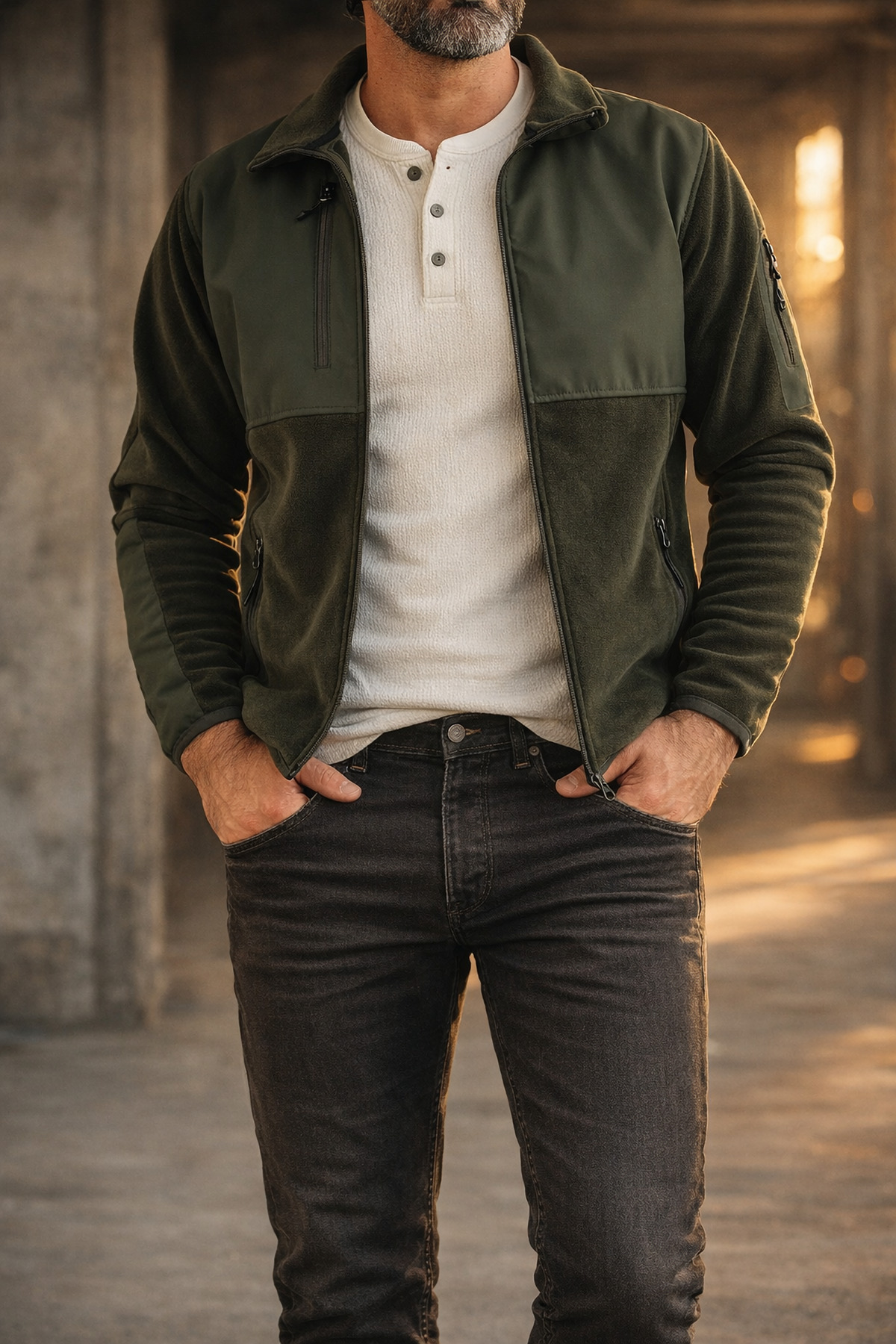 Souris Erkek Haki Dar Kalıp Anti-pilling Tüylenme Yapmayan Tam Fermuar Softshell Garnili Polar Sweatshirt