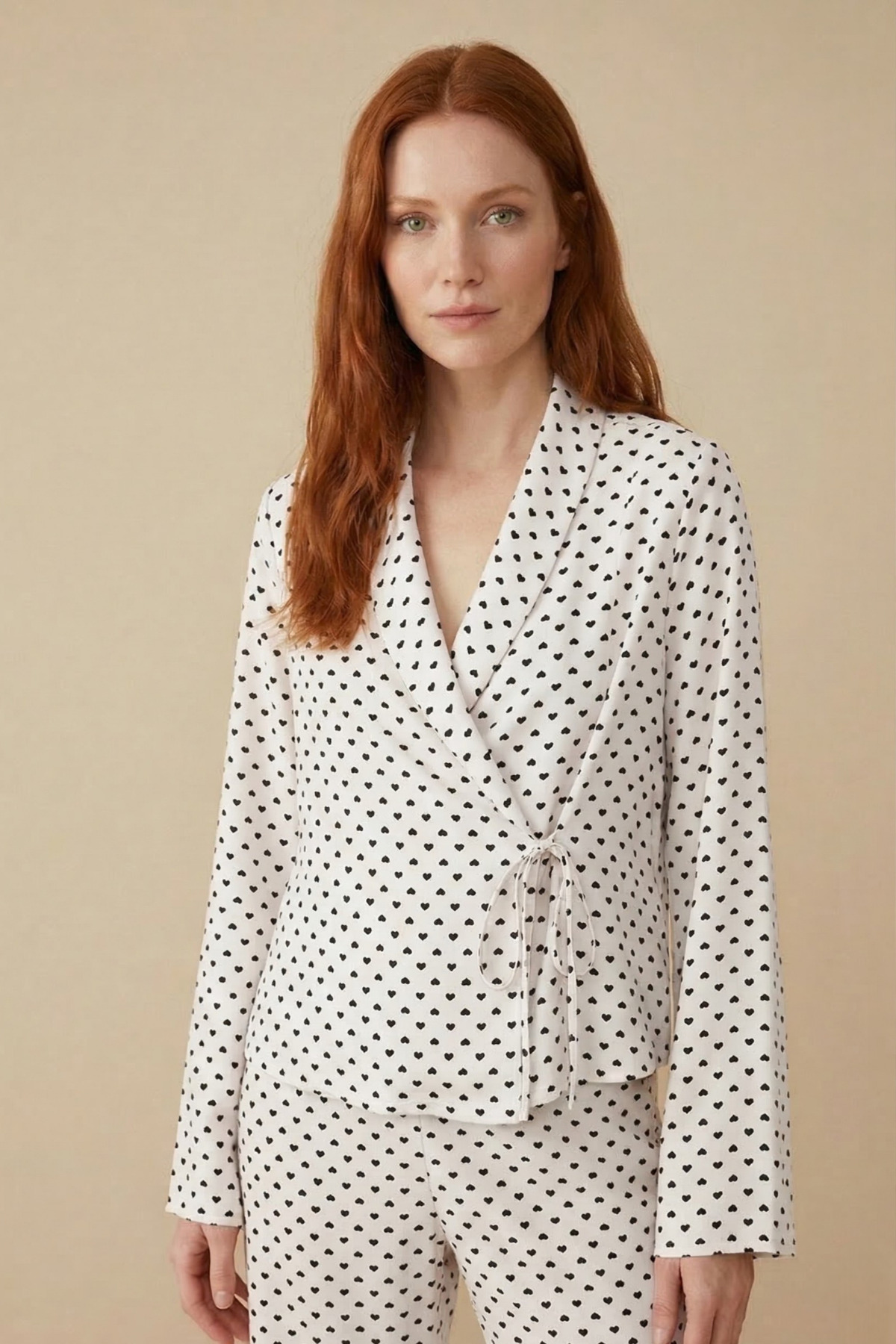 Love Line Pudra Kalp Desenli Viskon Pijama Takımı