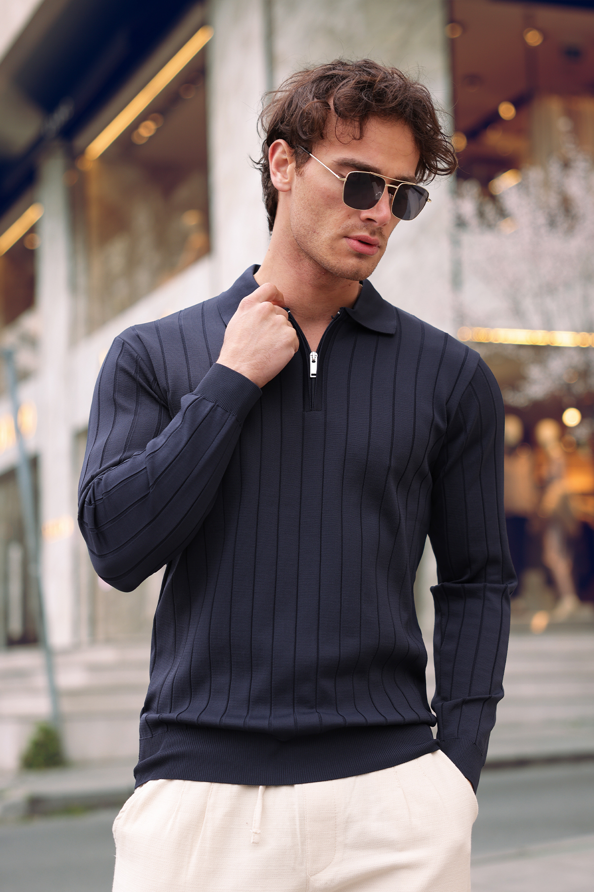 aziso  Lacivert Erkek Polo Yaka Yarım Fermuarlı Triko Kazak - Görsel 2