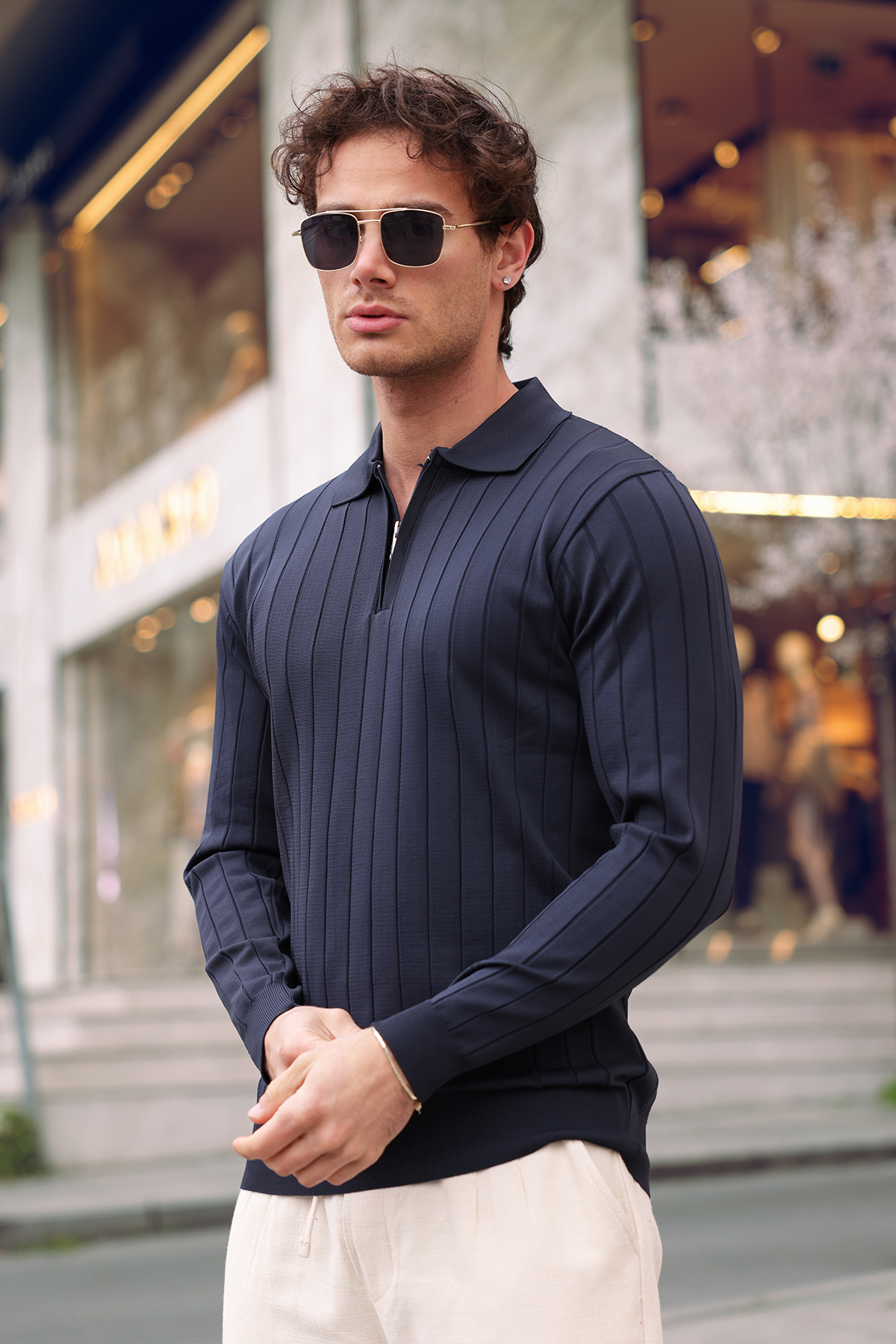 aziso  Lacivert Erkek Polo Yaka Yarım Fermuarlı Triko Kazak - Görsel 6