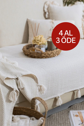 Lux Touch Lavi Ponponlu Ekru Koltuk Örtüsü 115 x 200 cm Kanepe Divan Çekyat B...