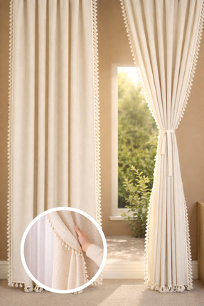 Perdeplus Keten Bohem Tarz Püsküllü Tasarım Fon Perde