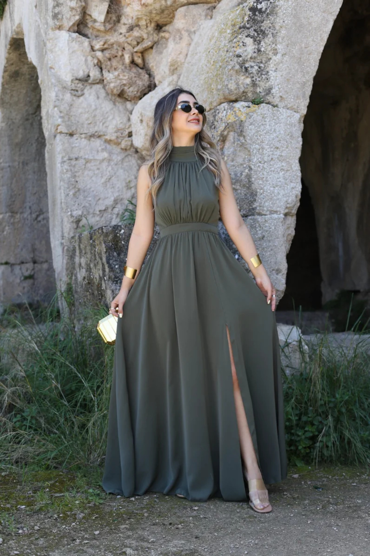 bytugcekaya  Haki Halter Yaka Elbise - Görsel 2