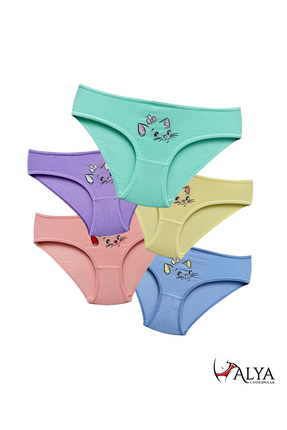 ALYA UNDERWEAR Kedi Baskılı Pamuklu Kız Çocuk Külot, Renkli Slip Külot
