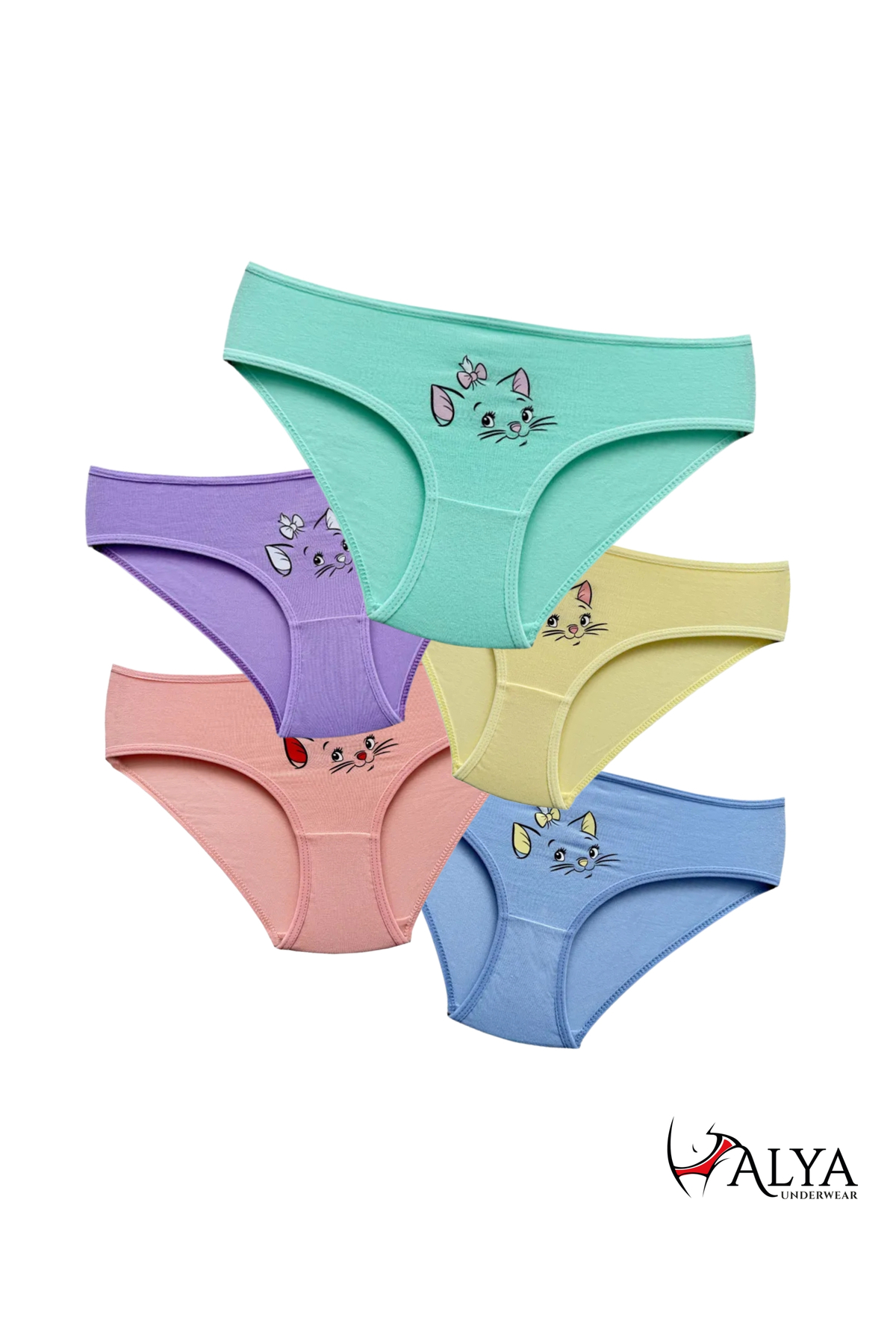 Cotton Girls Panties with Cat Print, Colorful Slip Panties
