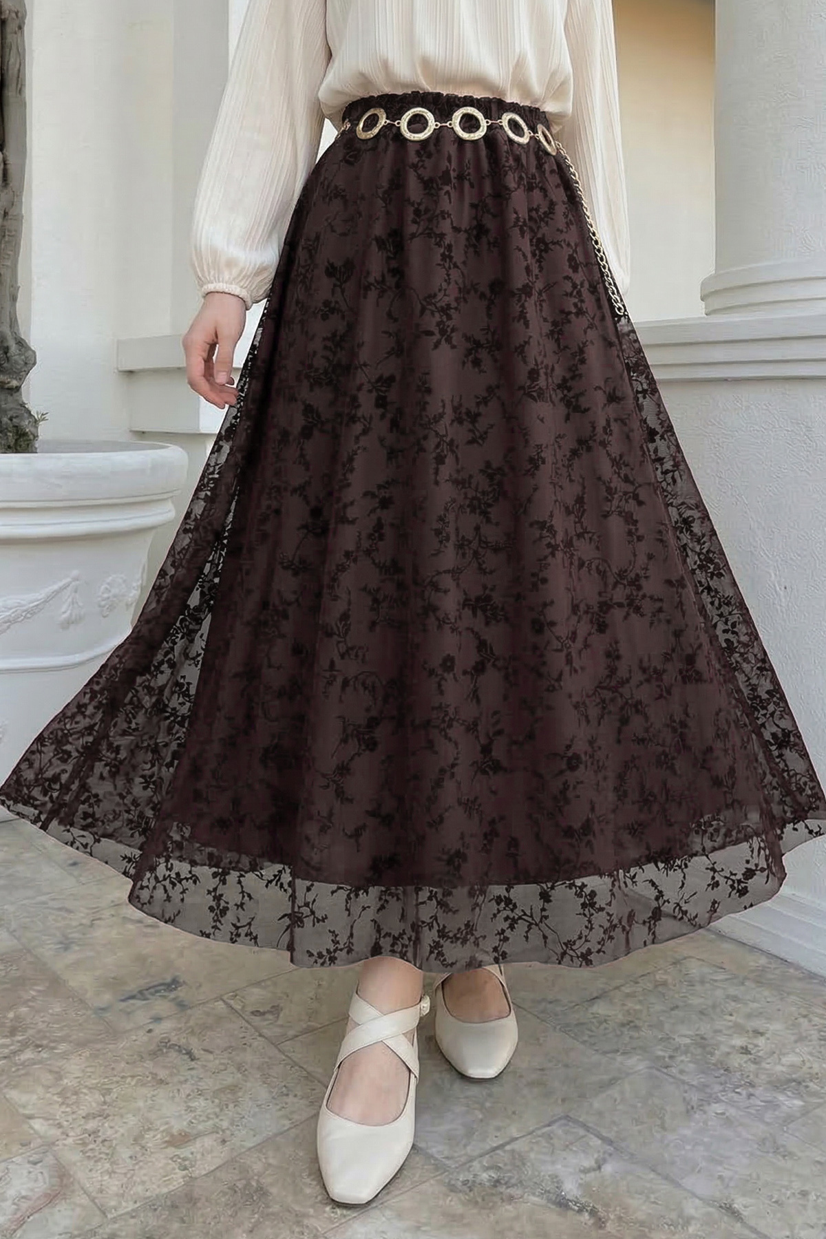 InStyle  Çiçekli Flok Tül Astarlı Acı Kahve Etek - Görsel 3