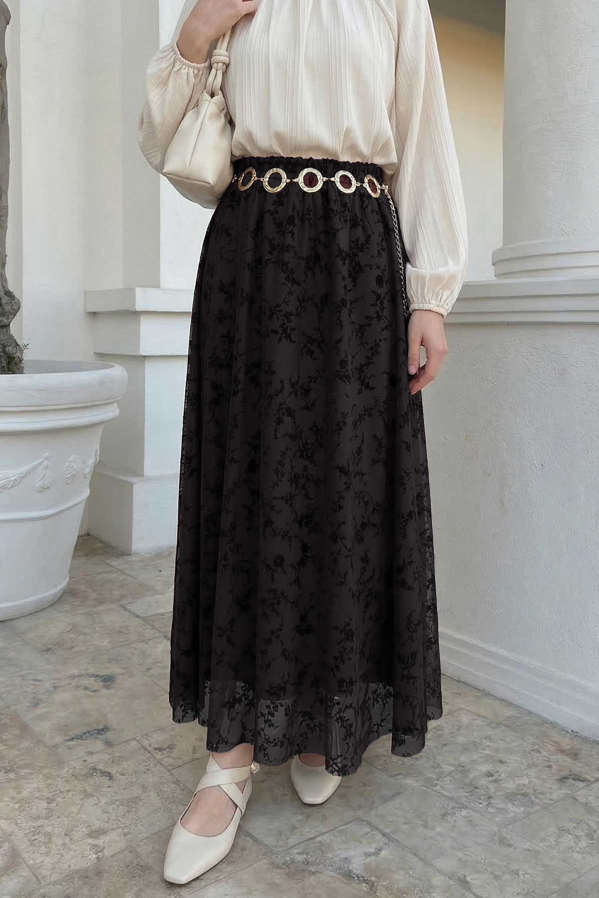 InStyle  Çiçekli Flok Tül Astarlı Siyah Etek - Görsel 4