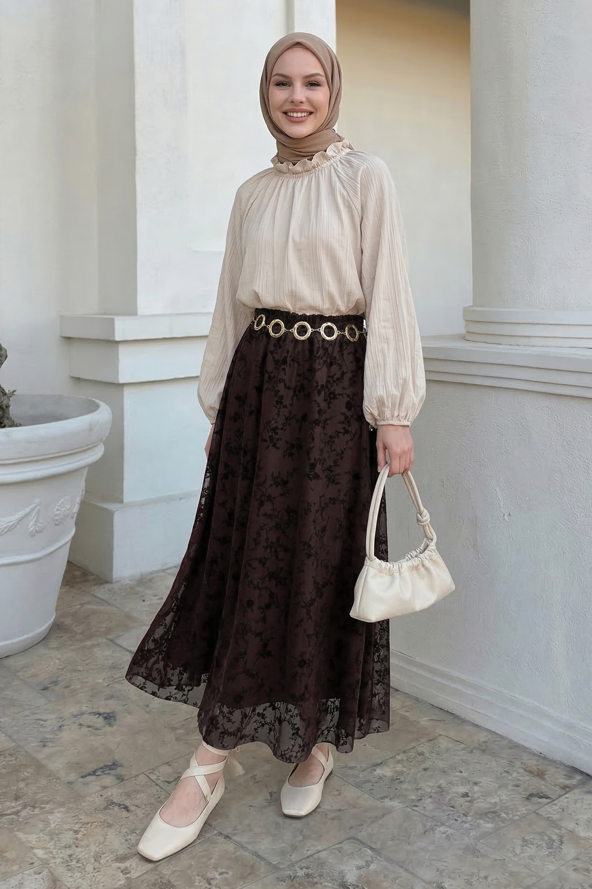 InStyle  Çiçekli Flok Tül Astarlı Acı Kahve Etek - Görsel 2