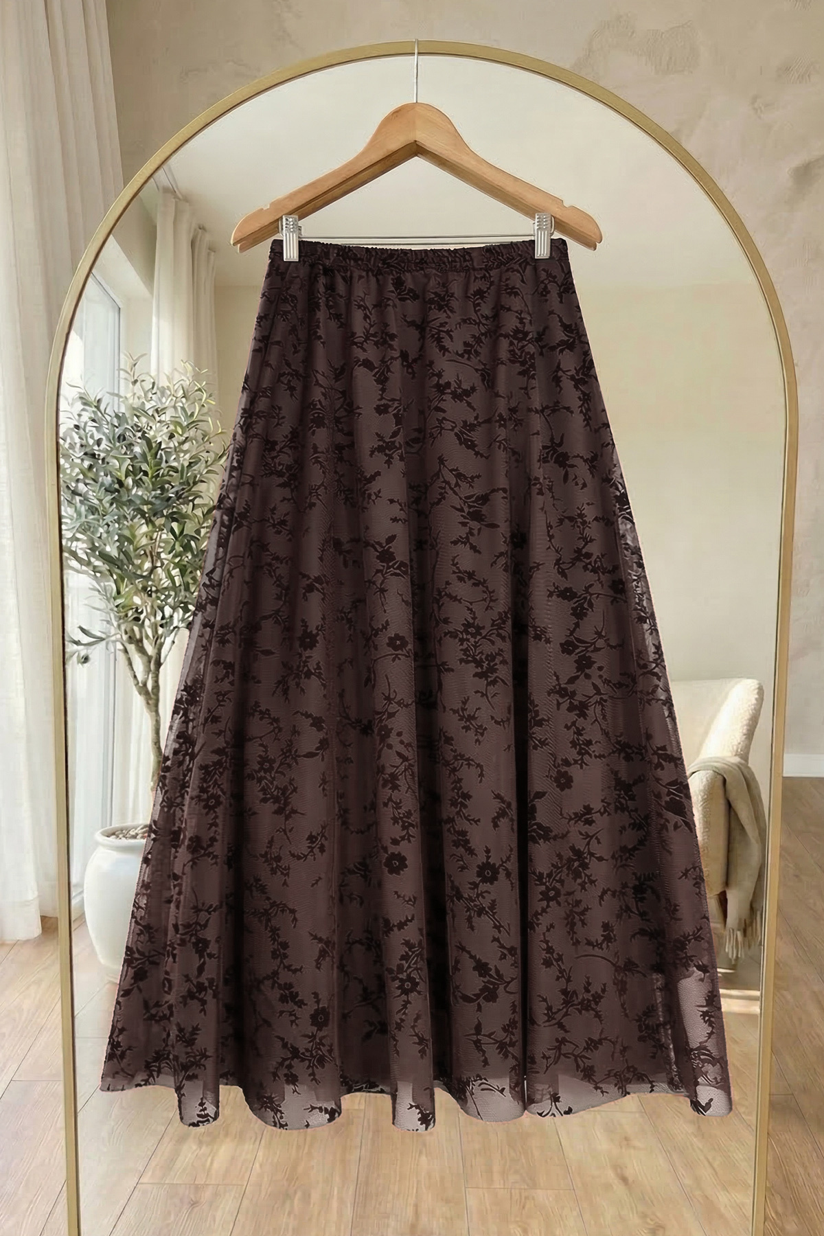 InStyle  Çiçekli Flok Tül Astarlı Acı Kahve Etek