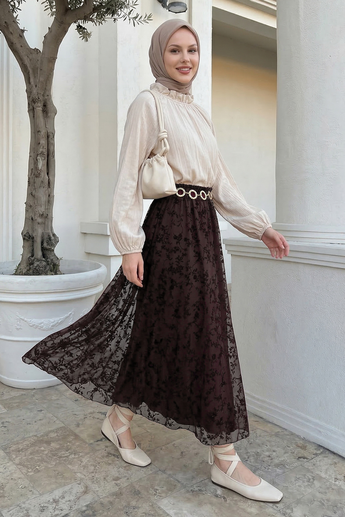 InStyle  Çiçekli Flok Tül Astarlı Acı Kahve Etek - Görsel 5