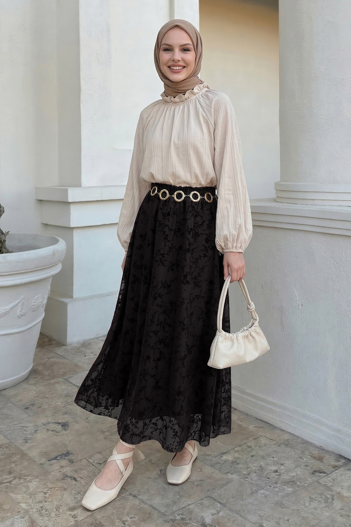 InStyle  Çiçekli Flok Tül Astarlı Siyah Etek - Görsel 2