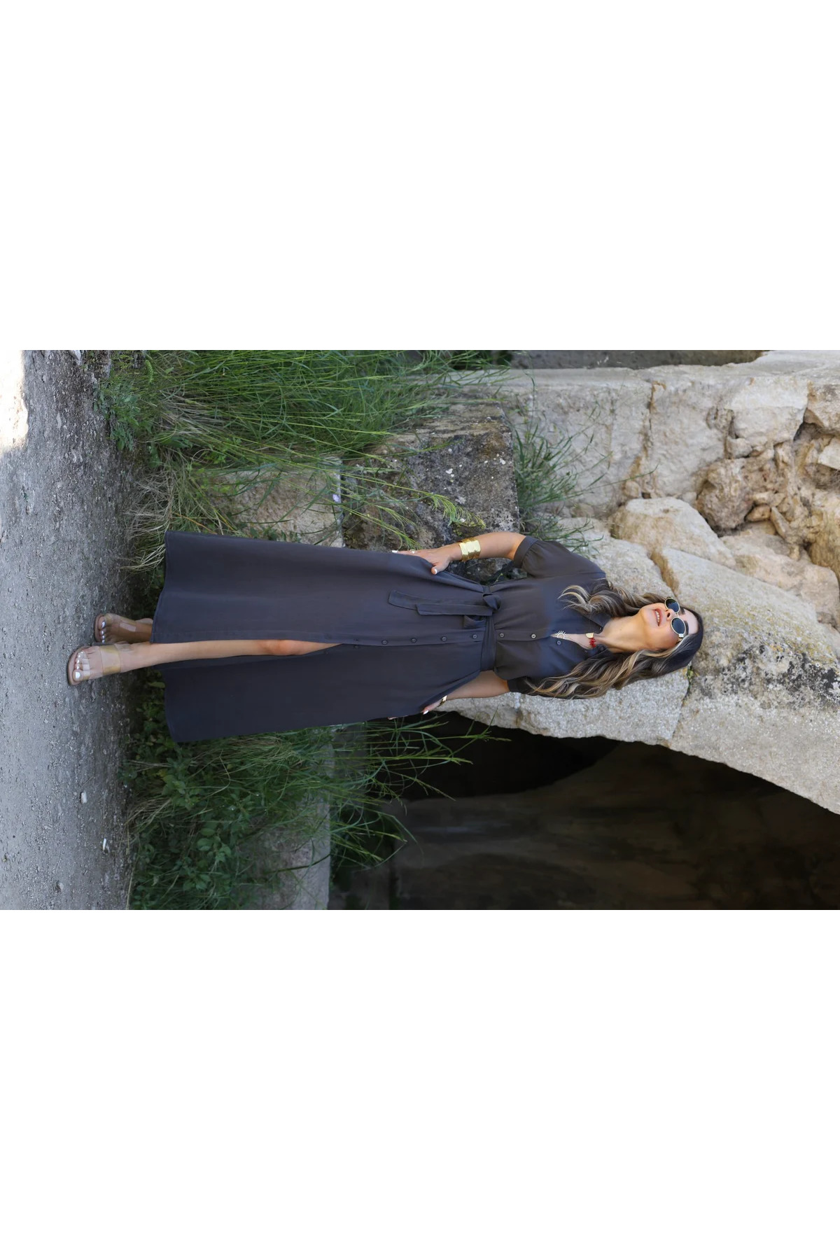 bytugcekaya  Antrasit Kuşaklı Gömlek Elbise