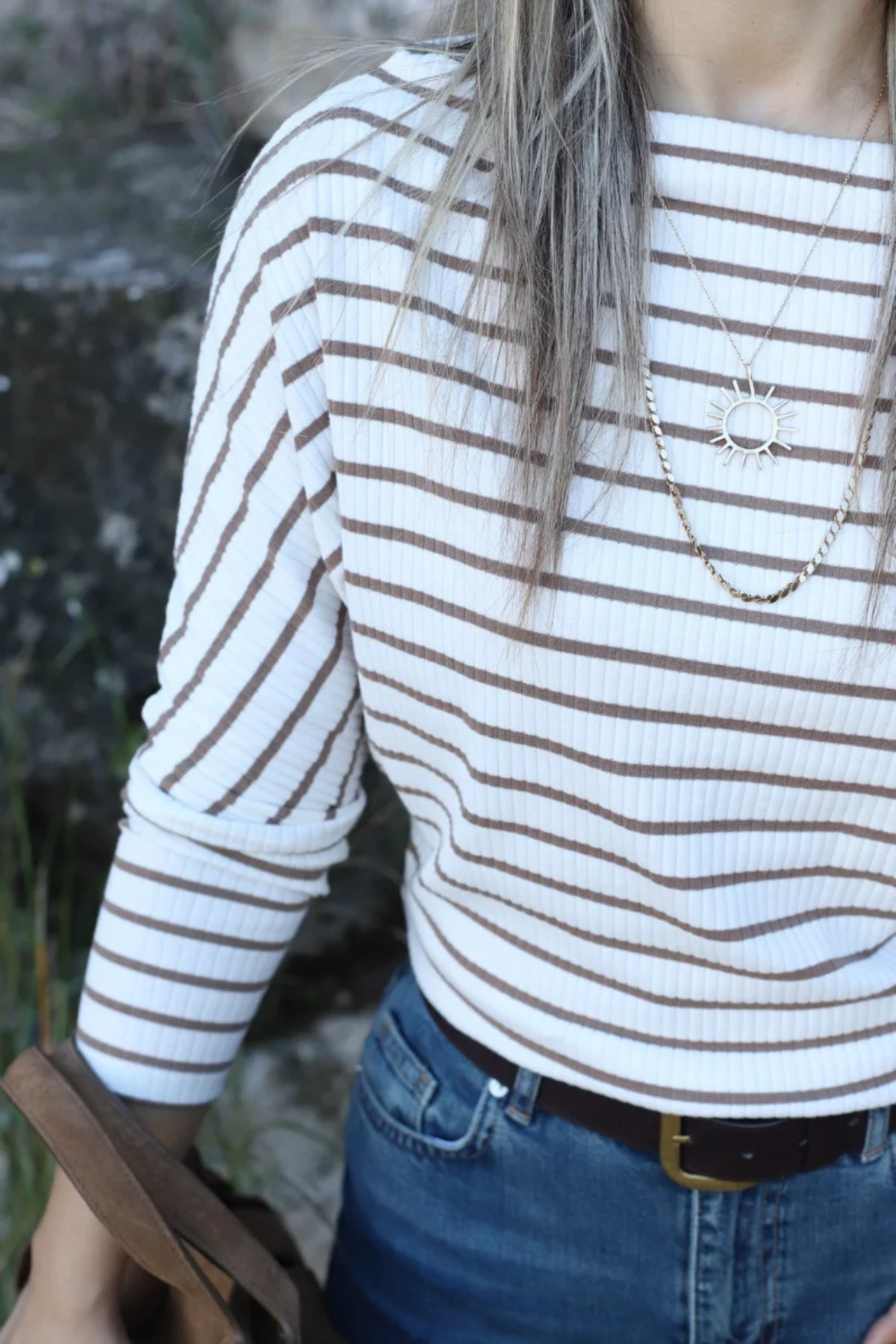 bytugcekaya  Ekru-Kahve Çizgili Kayık Yaka Fitilli Triko Bluz - Görsel 3