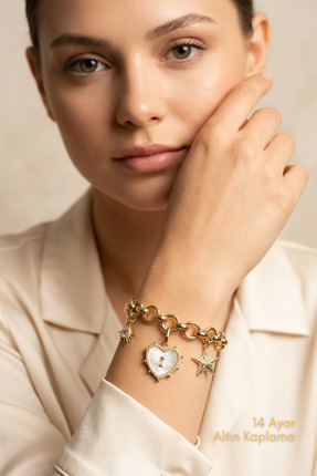 Çayla Kadın Bileklik - 14 Ayar Altın Kaplama Kalpten Göğe Tasarım, Kalp Yıldı...