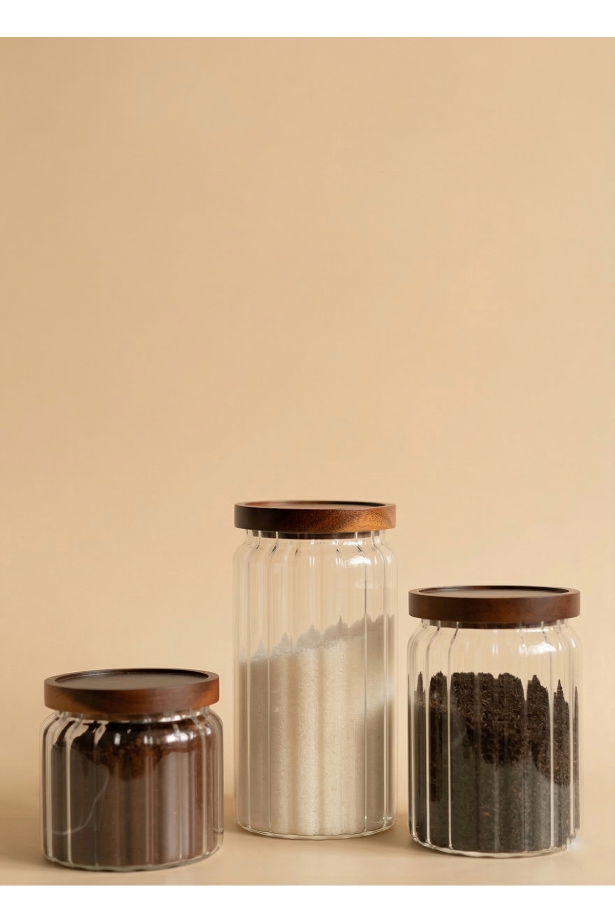 3-Piece Acacia Lid Striped Model High Volume Jar Set (500+ 700+ 1000 ml)