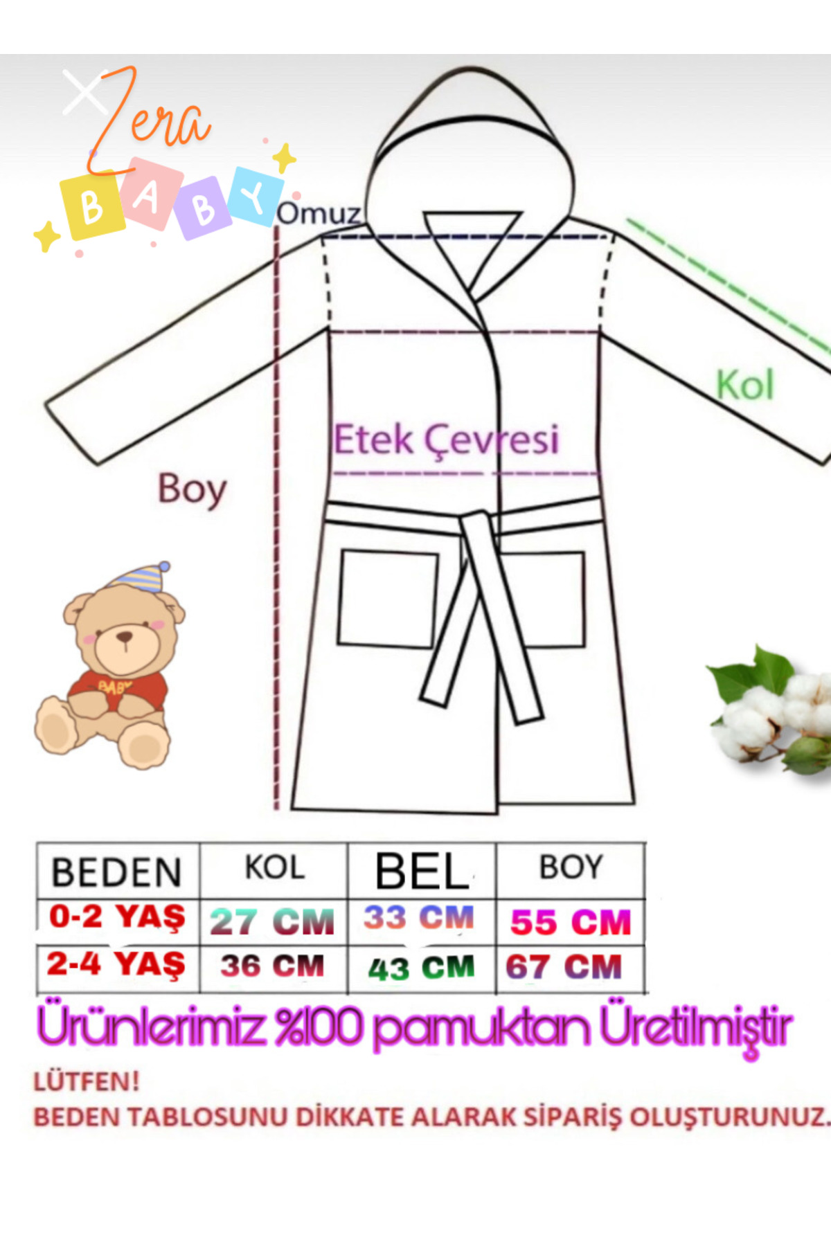 zera collection Bebek bornoz Kapişonlu & Bebek Havlu Set %100 organic pamuk ( 1-3 yaş ) Kız ve Erkek Bebek fotoğrafı 7 (önizleme)