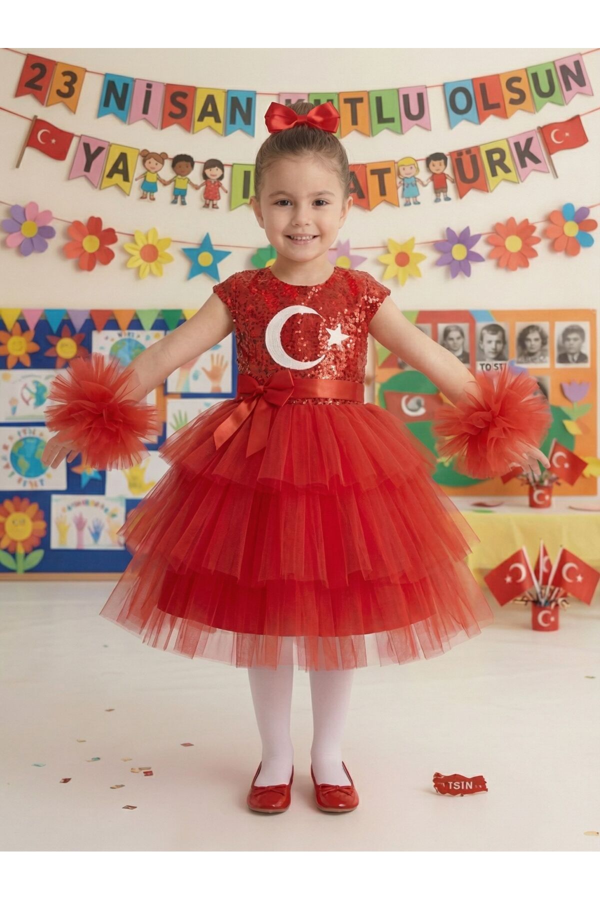 April 23 and October 19 holiday Buckle Pompom Sleeve show dress girl dress