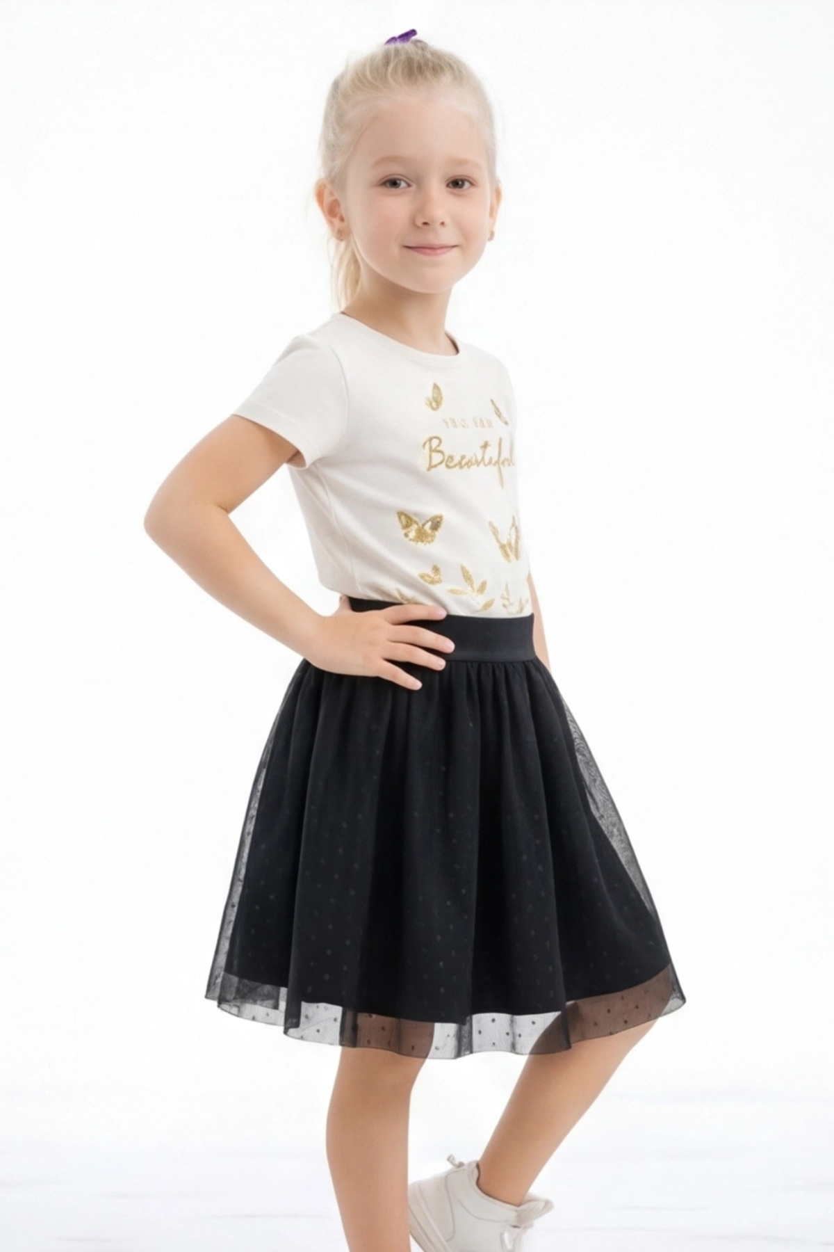 FESSHERA KİDS  Kız Çocuk Etek Beli Lastikli Pamuklu ve Astarlı Tül Etek - Görsel 4