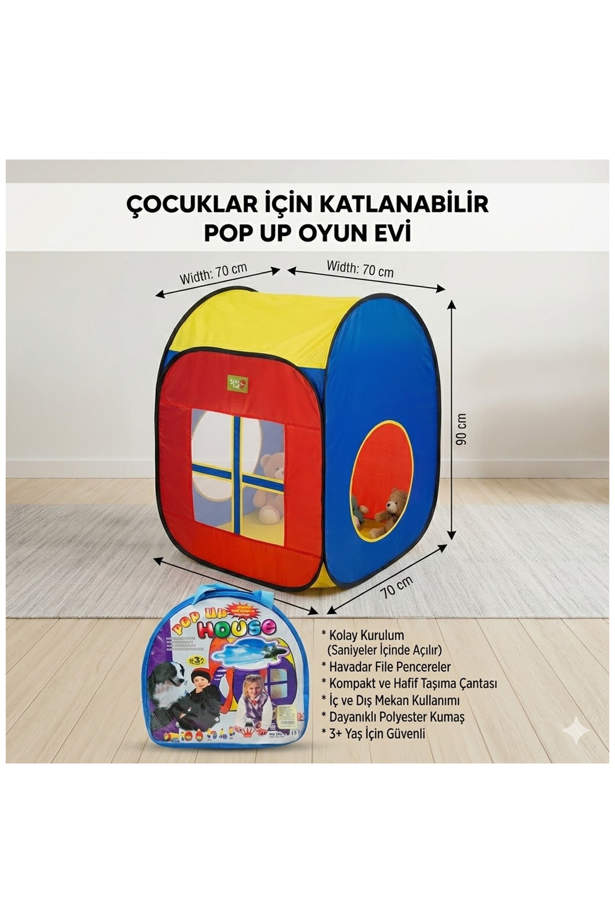 direkstoktan Çocuklar İçin Katlanabilir Pop-Up Oyun Evi Çadırı Atkur 70x90 cm - House Play Tent Indoor/Outdoor fotoğrafı 2 (önizleme)