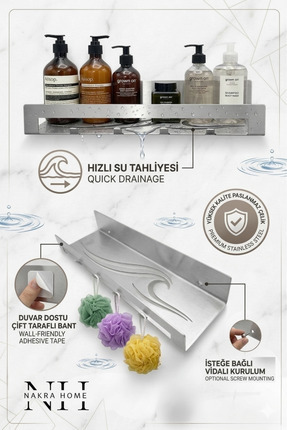NAKRA HOME Paslanmaz Çelik Çok Amaçlı Banyo ve Mutfak Rafı – 4 Askılı, Yapışk...