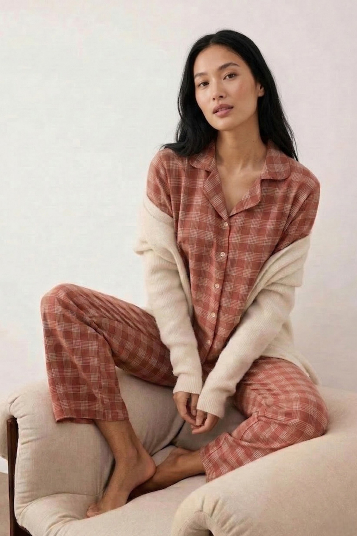 Gül Kurusu Pamuklu Kalın/Kışlık Ekoseli Flanel Dokuma Pijama Takımı