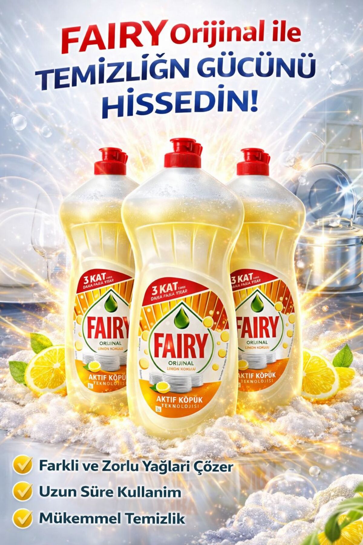 Fairy Bulaşık Deterjanı Orjinal Limon Kokulu Aktif Köpük 1500ml