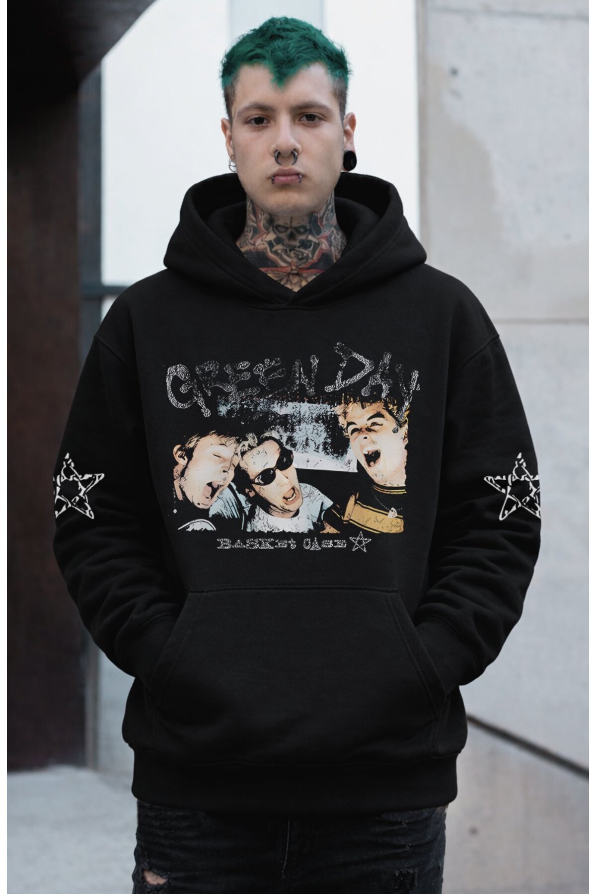 Fuddy Moda Unisex Basket Case Green Day Kol Printed Hooded Sweatshirt, Oversized Rock Band Themed Hoodie