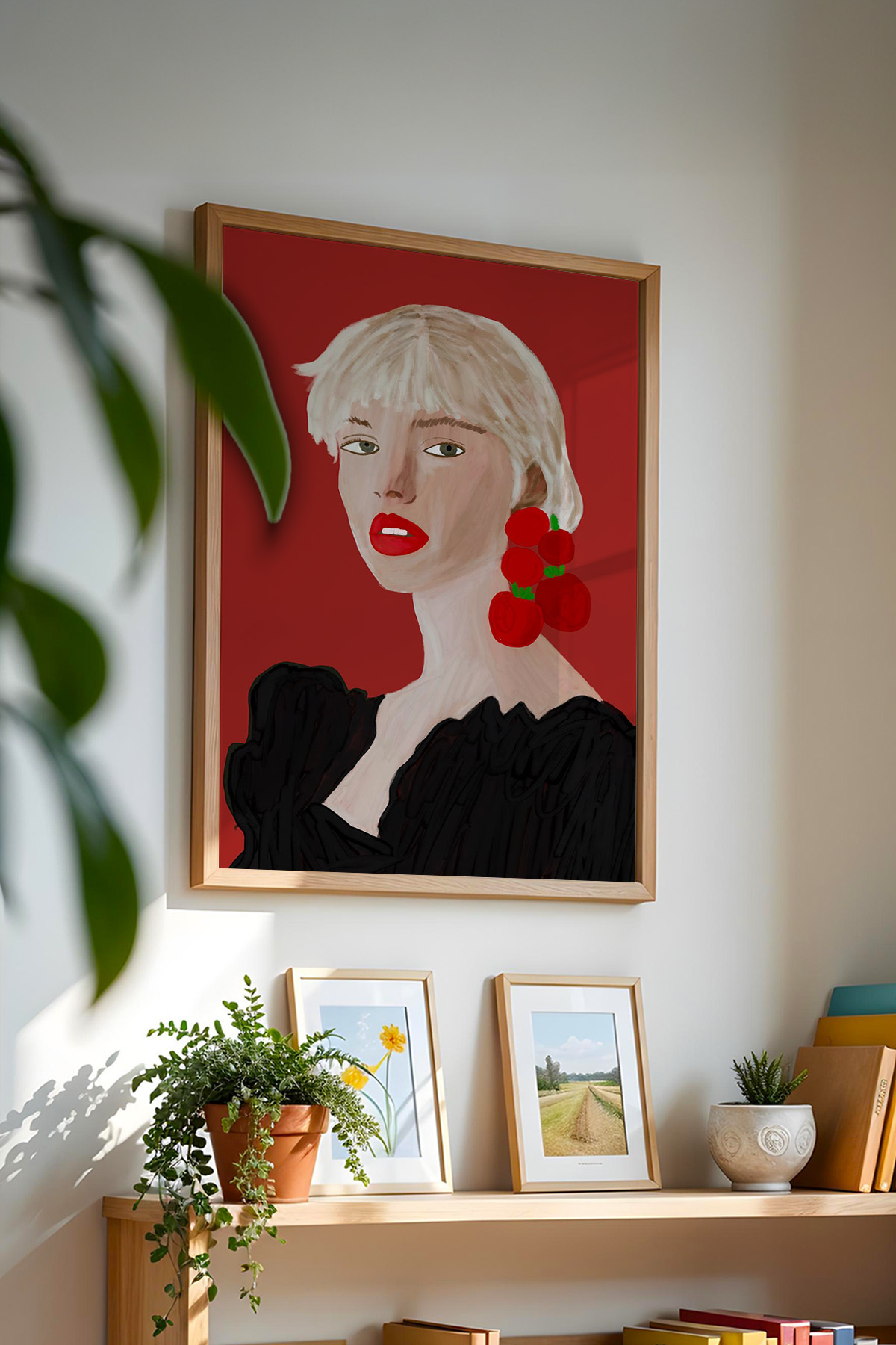 Modern Kadın Portre Tablo Kiraz Küpe İllüstrasyon Poster Duvar Dekoru Çerçevesiz