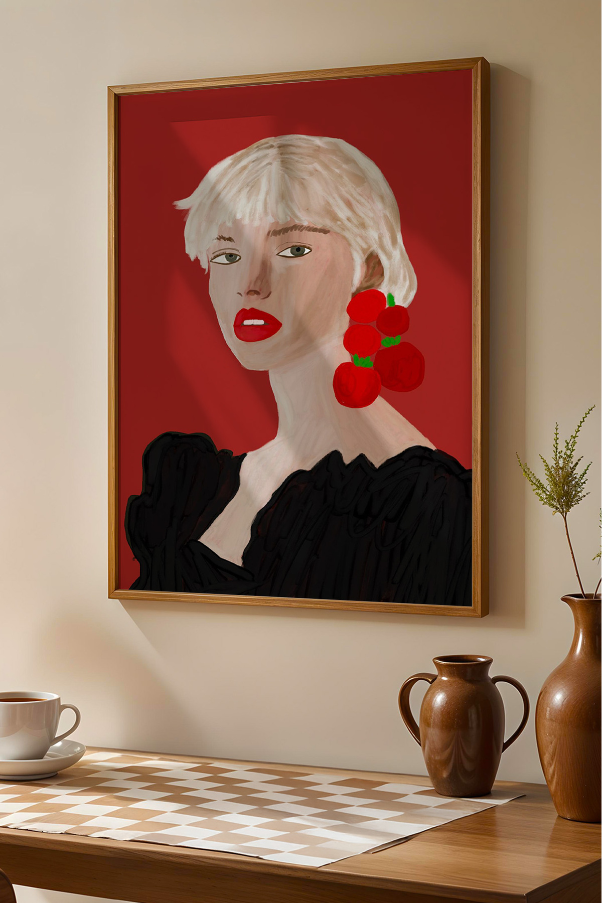 Modern Kadın Portre Tablo Kiraz Küpe İllüstrasyon Poster Duvar Dekoru Çerçevesiz