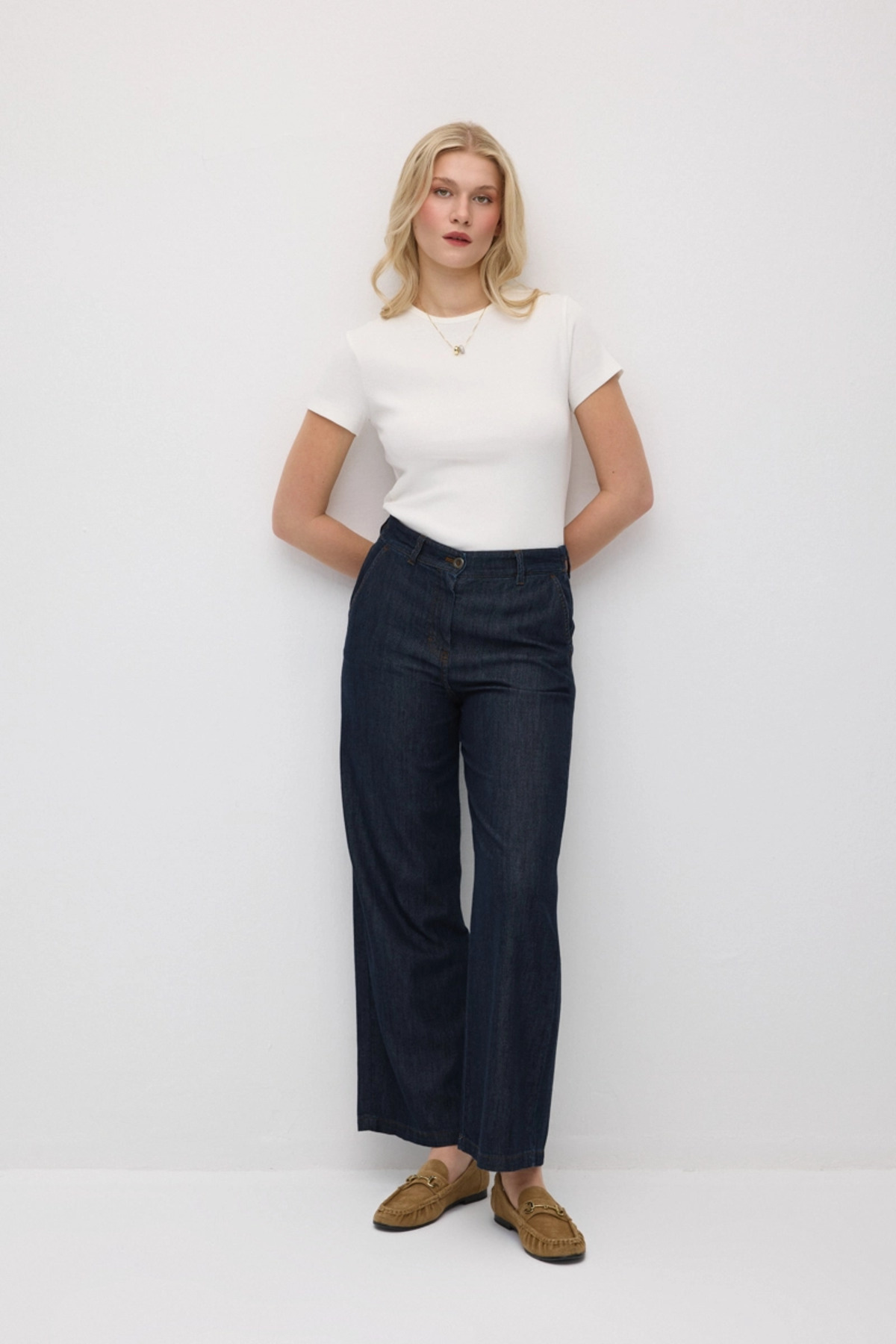 Gusto Bol Paça Tencel Denim Pantolon - Lacivert