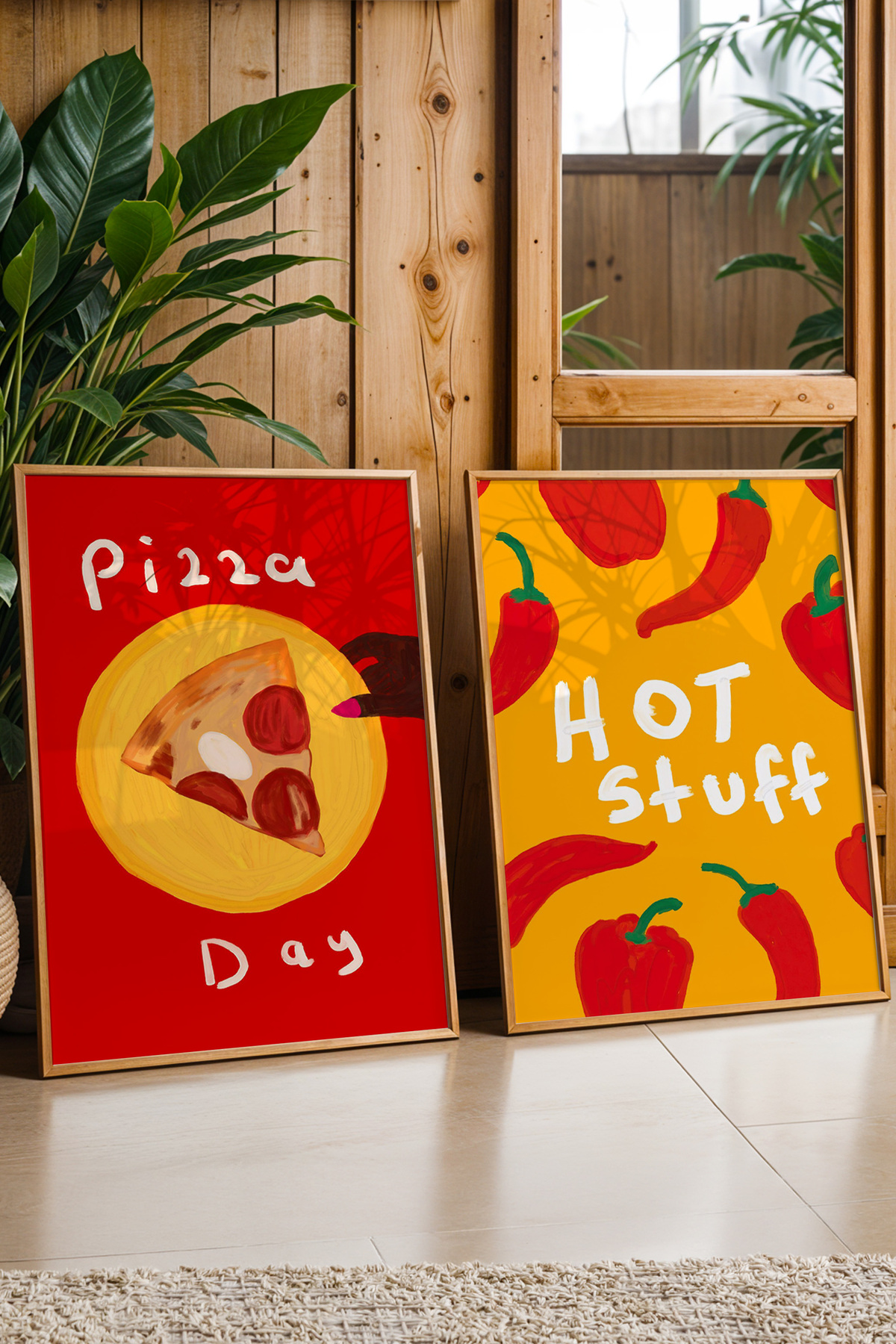2’li Mutfak Tablo Seti Pizza ve Biber İllüstrasyon Poster Duvar Dekoru Çerçevesiz