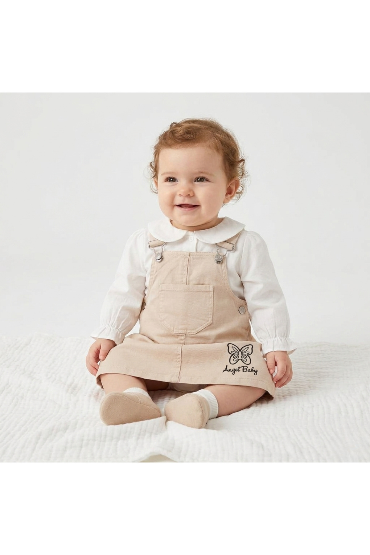 TA&CE Kelebek Nakışlı Kız Bebek Pamuklu Gömlekli 2’li Jile Elbise 6-24 Ay Bej Renk Bayram Kombini fotoğrafı 3 (önizleme)