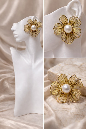 YNA VERA Design & Home YNA VERA Design İnci Detaylı Çiçek Tasarım Gold Küpe