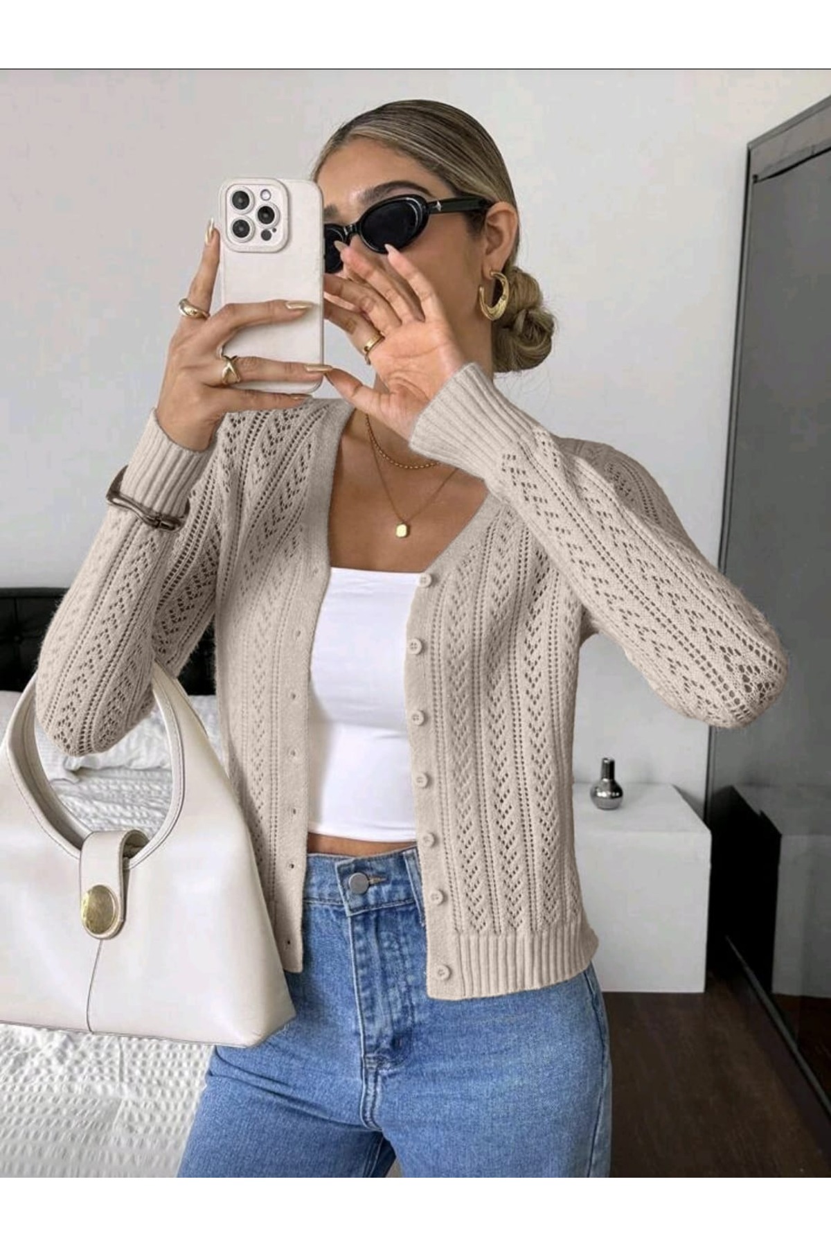 SolQ  V Yaka %100 Pamuk Triko Ajurlu Desen Düğme Detaylı Hırka - Görsel 3