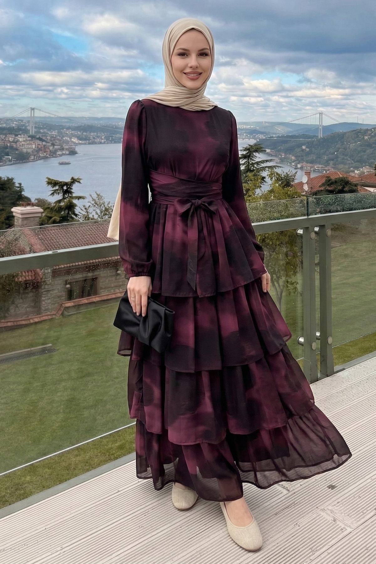 InStyle  Desenli Kat Kat Bordo Şifon Elbise - Görsel 3