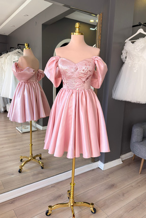 Lenta Moda Pudra Brokar Büstiyer Detaylı Mini Saten Abiye ve Gece Elbisesi