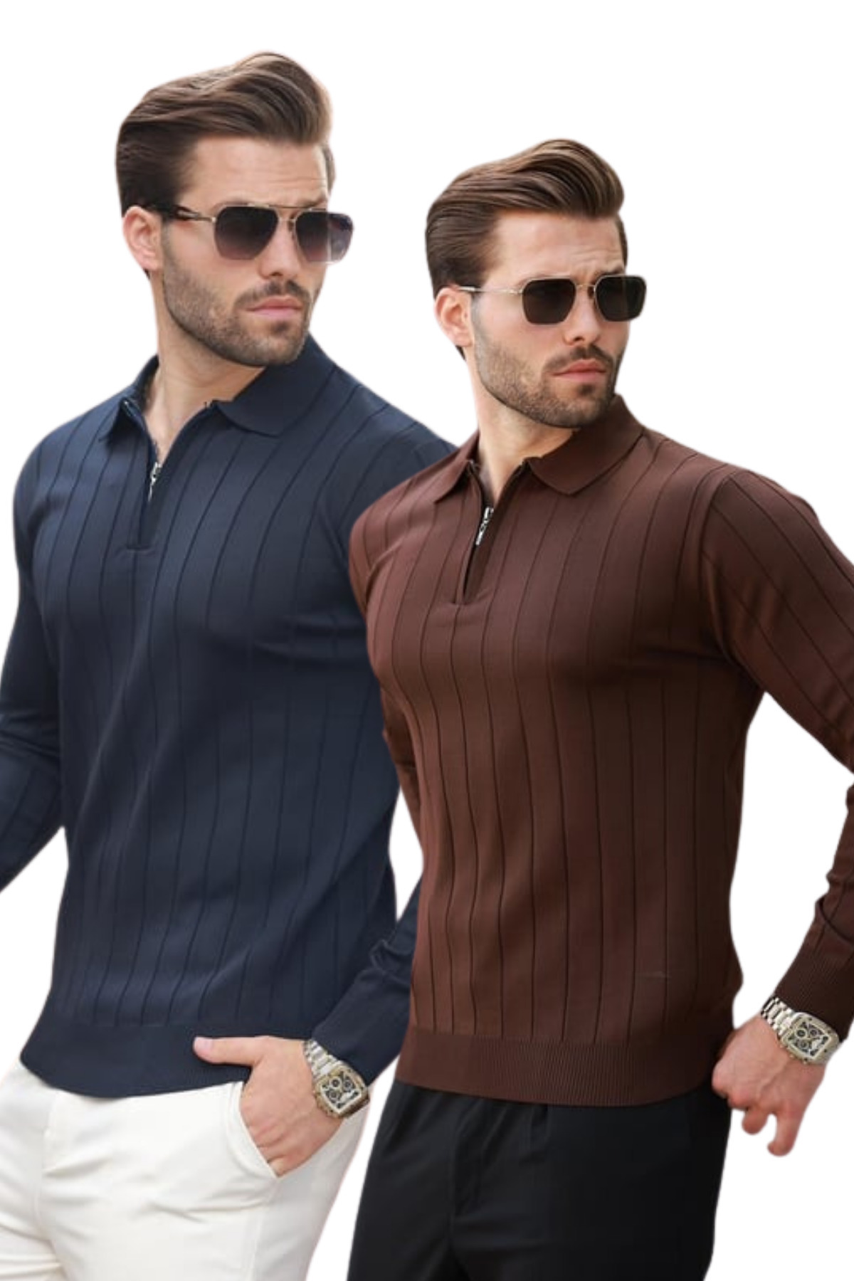Brown/Navy Blue Polo Zippered Knitted Sweater 2pcs Set 7242