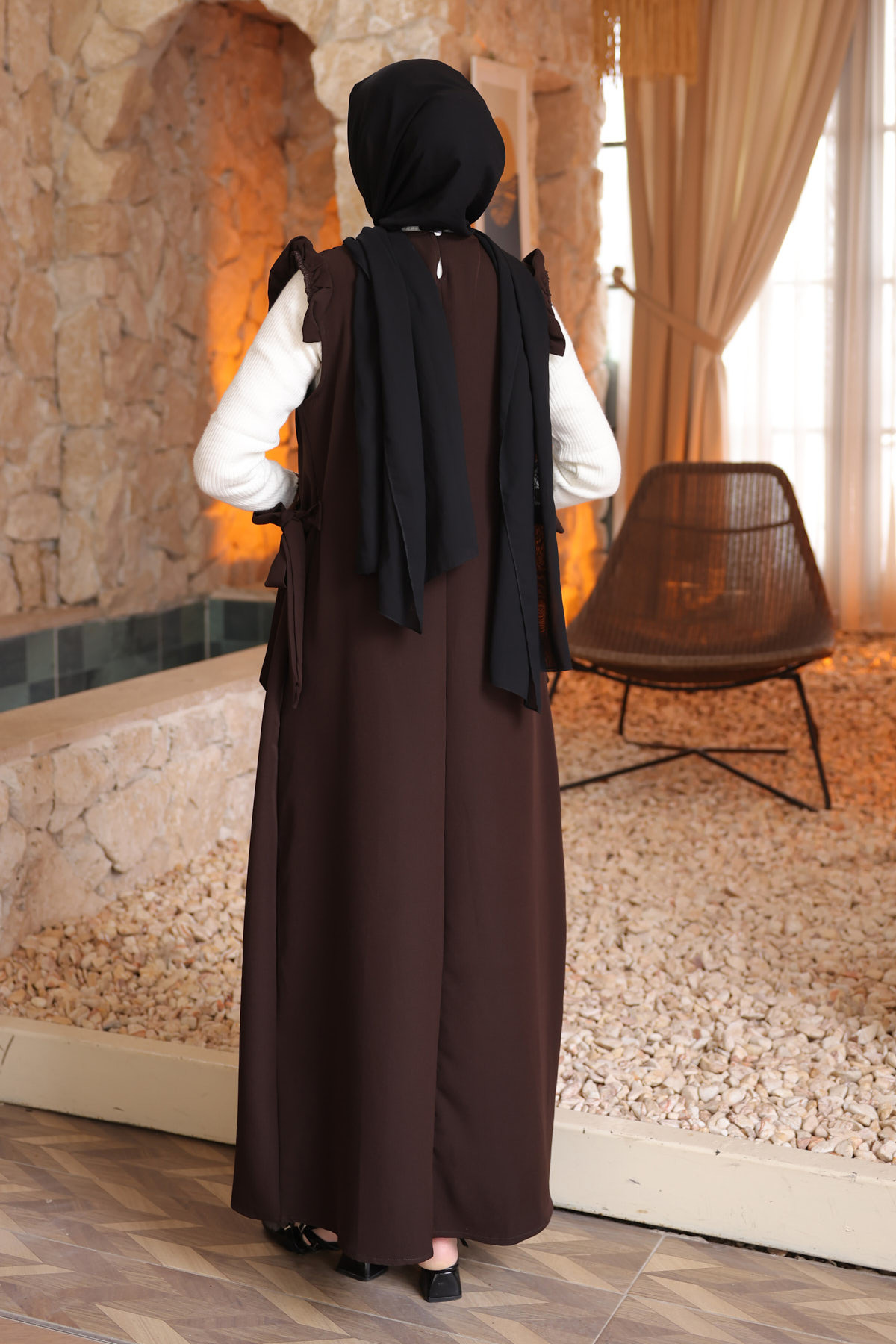 İmajButik  Kahverengi Bel Kuşaklı Kolları Fırfırlı Elbise - Görsel 2