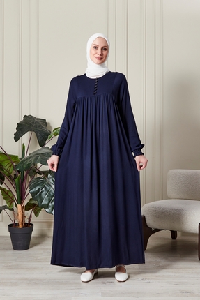 fistan Büzgü Robadan Önü Düğmeli Viskon Kumaş Tessetür Giyim Anne Elbisesi Na...