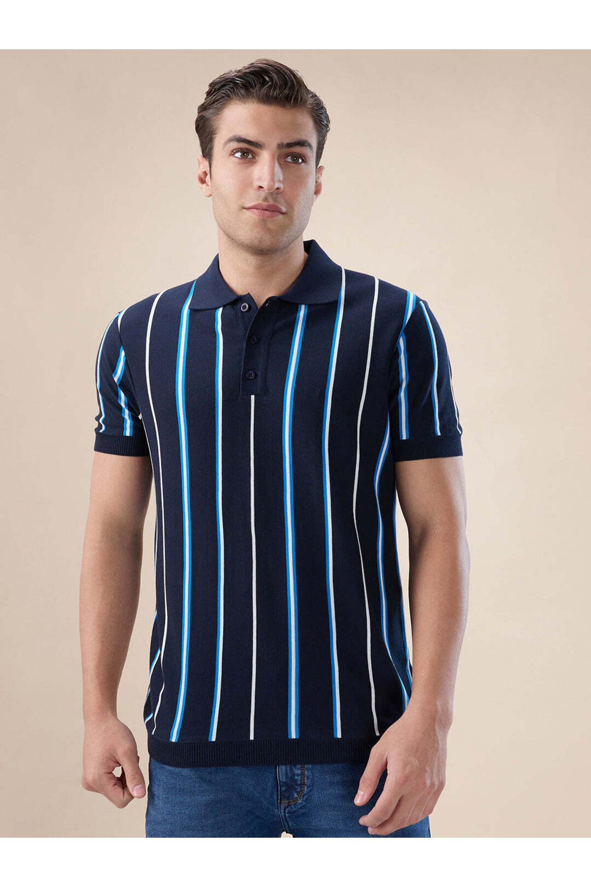 STATUS QUO Striped Regular Fit Navy Polo T-shirt