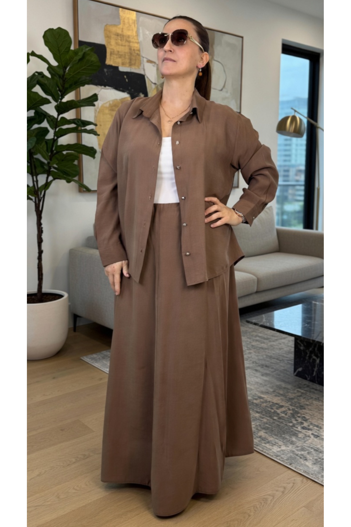 FRONT BUTTONED LONG SLEEVE SHIRT ELASTIC WAIST FLARED SKIRT MODAL FABRIC TWO PIECE SET WITH POCKETS