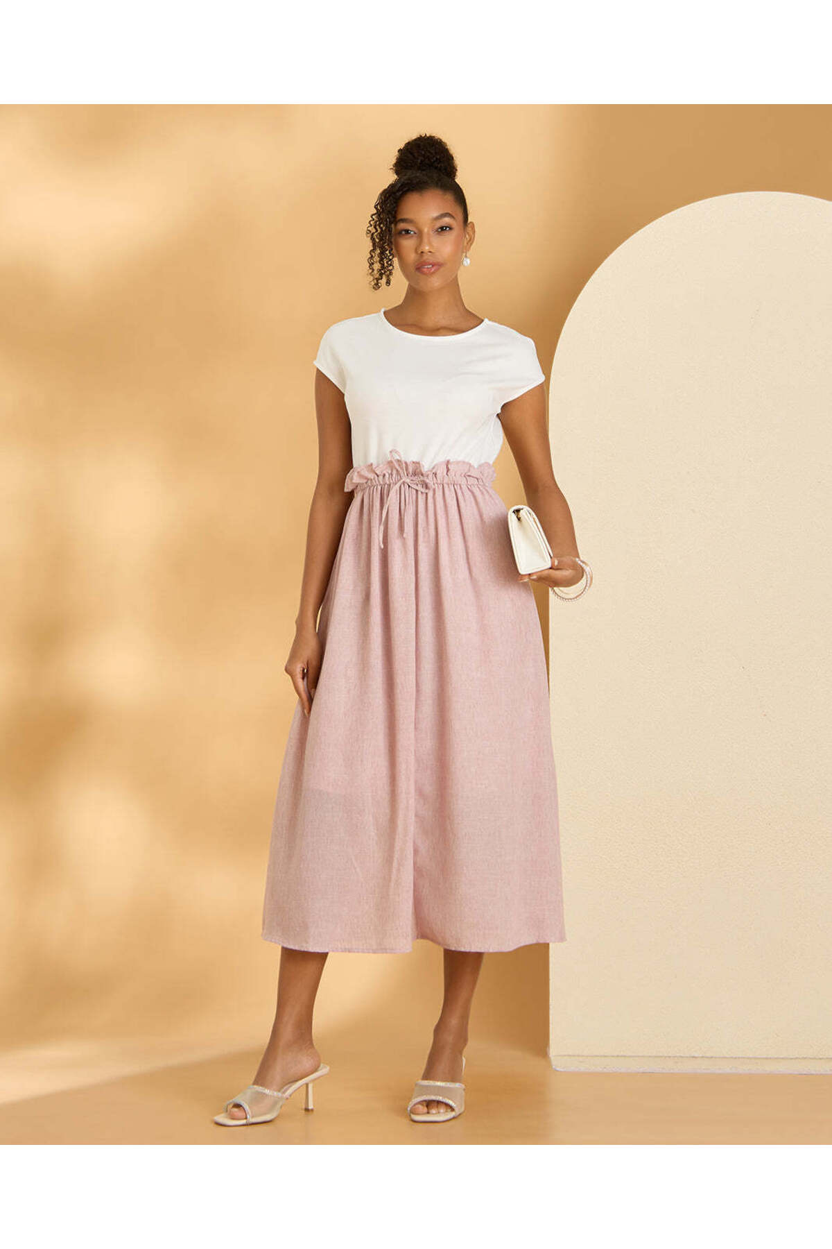 REDTAG Women White And Pale Pink Knitted Yoke Flared Midi Dress