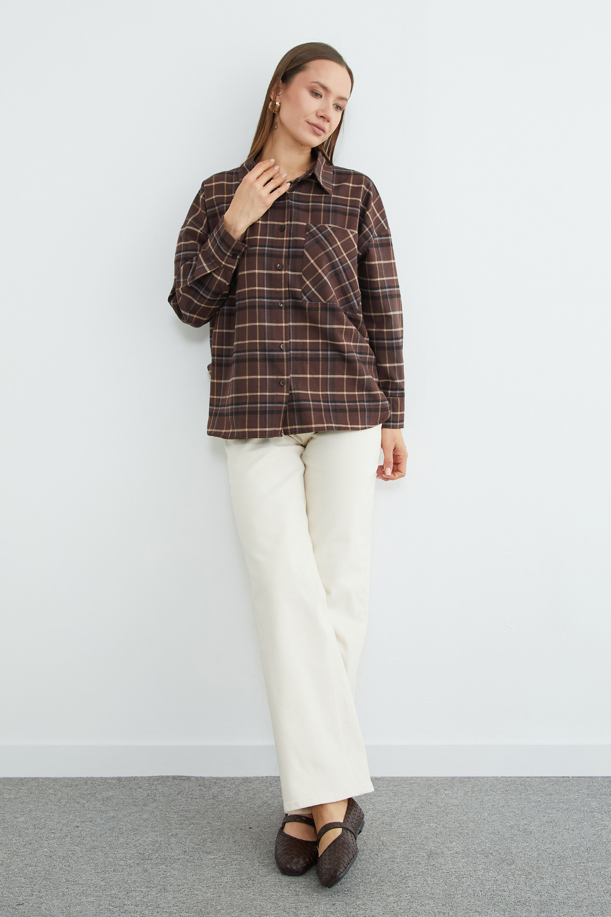 Fulla Moda Tek Cepli Ekose Desenli Oversize Gömlek görsel 5