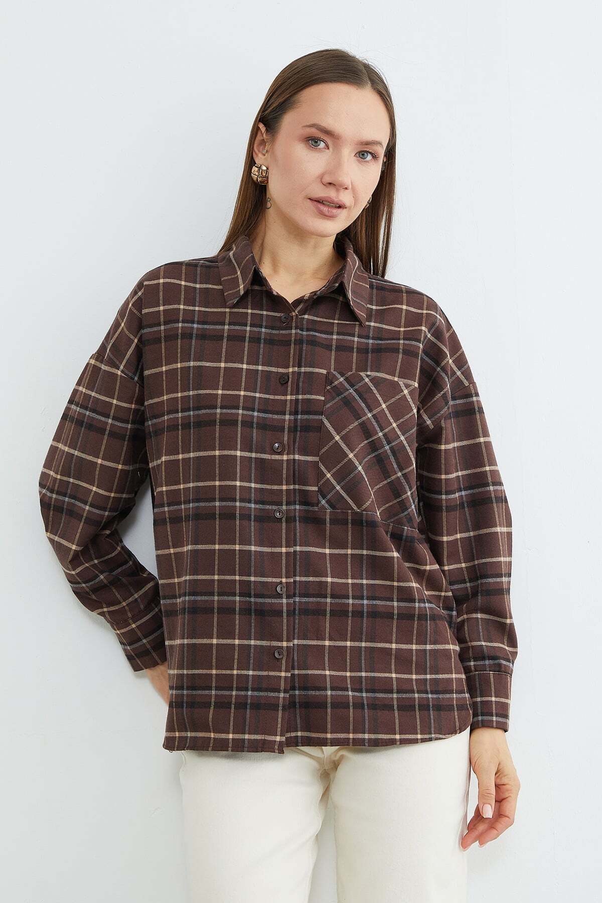 Fulla Moda Tek Cepli Ekose Desenli Oversize Gömlek görsel 4