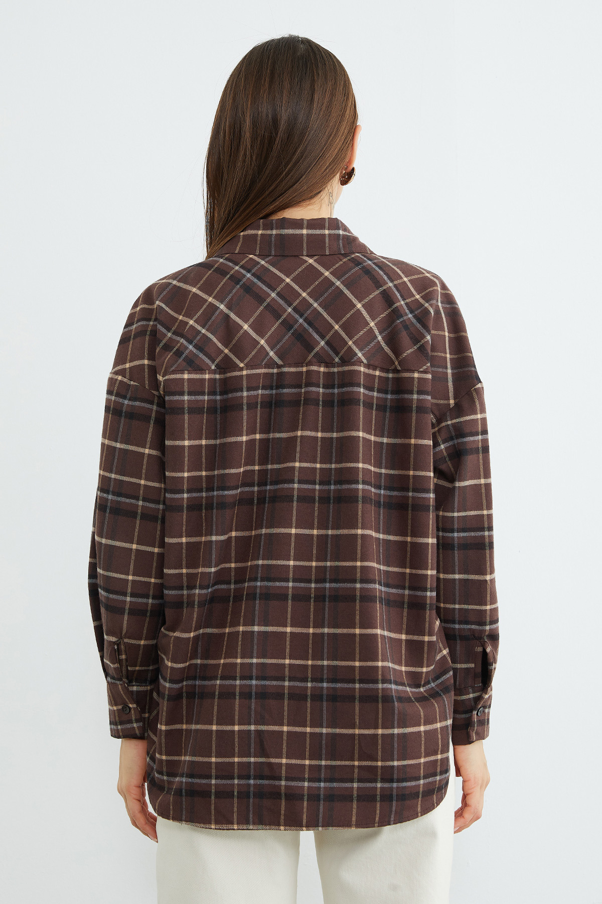 Fulla Moda Tek Cepli Ekose Desenli Oversize Gömlek görsel 8