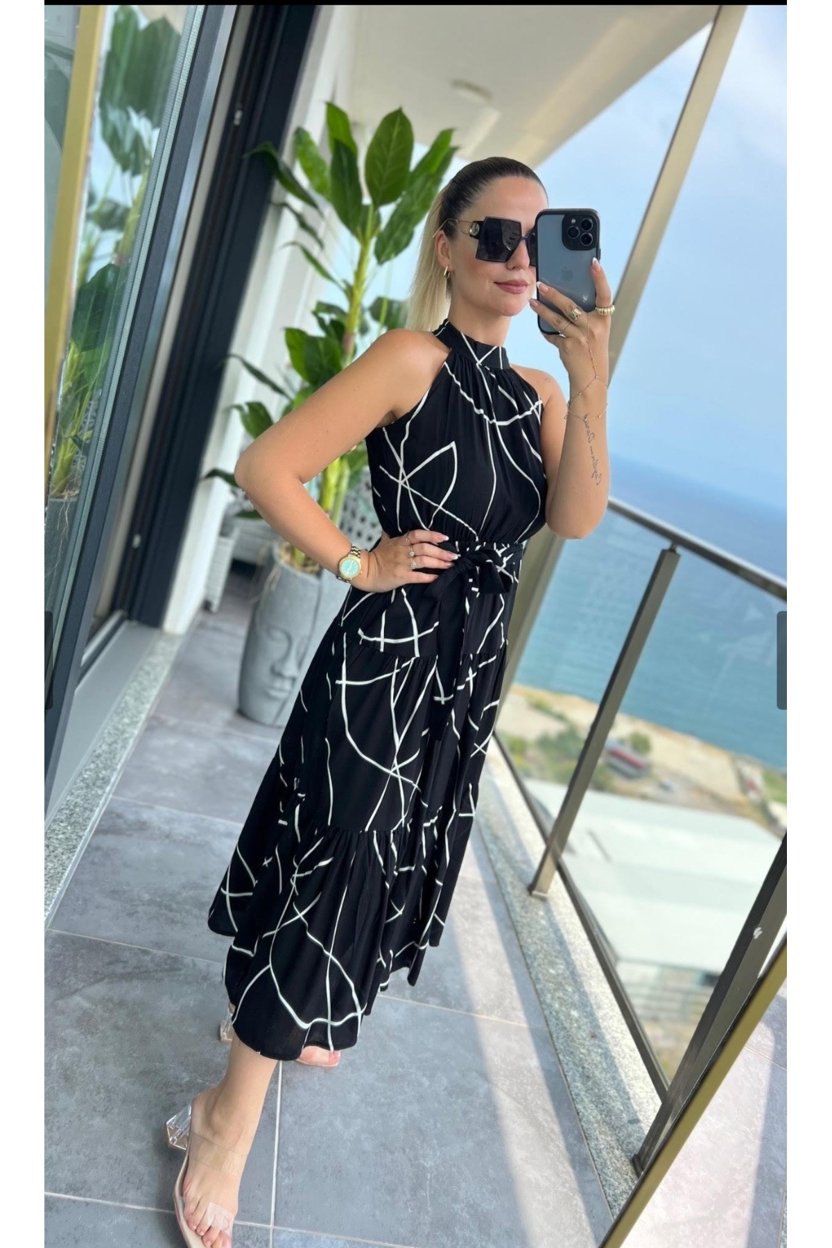 DISHI FASHİON  Halter Yaka asimetrik Desenli Elbise - Görsel 4